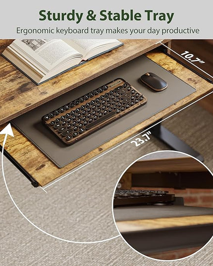 Electric Standing Desk with 2 Drawers and Keyboard Tray, 63 x 24 Inches Ergonomic Adjustable Height Desk with Storage, Sit Stand up Desk Computer Workstation, Rustic Brown - LeafyLoom