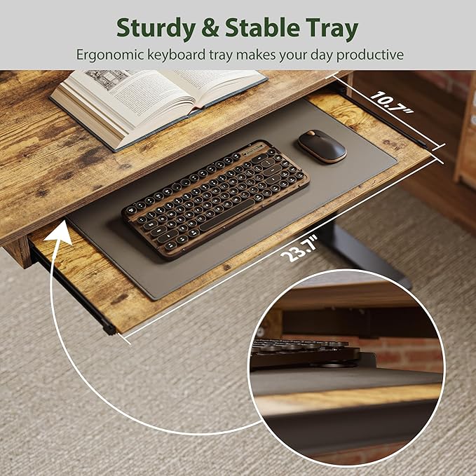 Height Adjustable Desk with Keyboard Tray, 63 x 24 Inches Electric Standing Desk, Stand up Computer Table with Memory Preset, Modern Lift Motorized Gaming Workstation, Rustic Brown - LeafyLoom