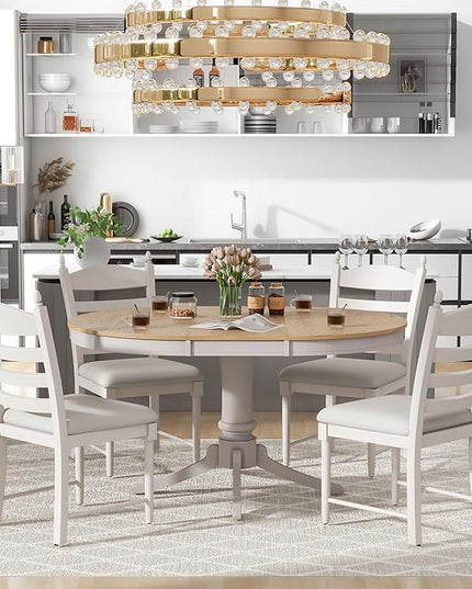 5 Pieces Kitchen & Dining 4 with Round Extendable Table and Four Upholstered Chairs, Retro Rustic Style Home Furniture Tαble Sets Breakfast Corner for Small Spaces, Living Room, White - LeafyLoom