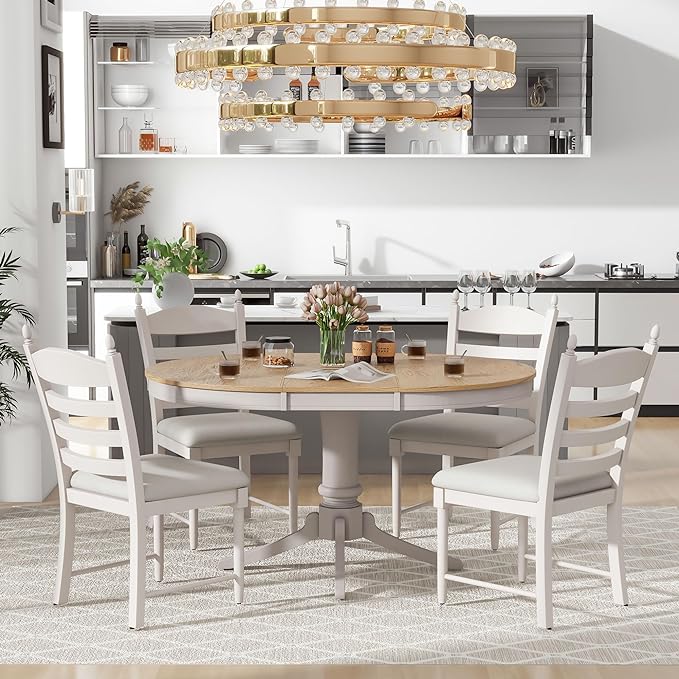 5 Pieces Kitchen & Dining 4 with Round Extendable Table and Four Upholstered Chairs, Retro Rustic Style Home Furniture Tαble Sets Breakfast Corner for Small Spaces, Living Room, White - LeafyLoom