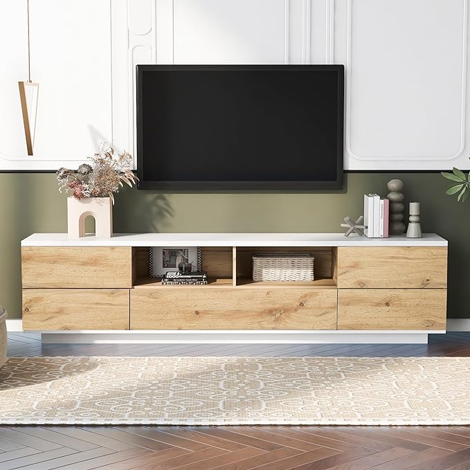 71 Inch TV Stand for TVs up to 80'', Television Stand with Ample Storage Space and Door Rebound Device, Entertainment Center for Living Room, Bedroom, Natural+White - LeafyLoom