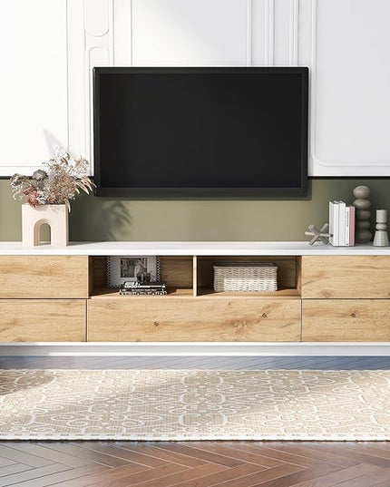 Modern Stand 80'', Media Console with Multi-Functional Storage, Entertainment Center with Door Rebound Device, TV Cabinet Table for Living Room, Bedroom, Natural+White - LeafyLoom