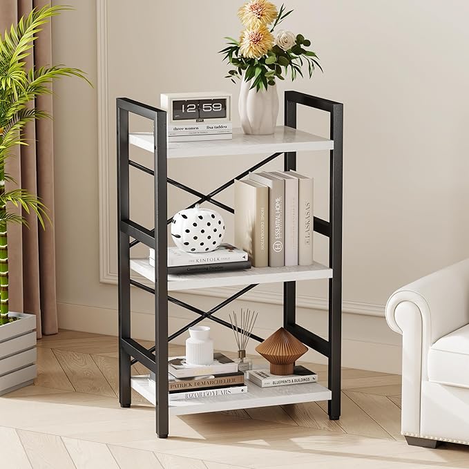 Bookshelf, 3 Tier Industrial Bookcase, Metal Small Bookcase, Rustic Etagere Book Shelf Storage Organizer for Living Room, Bedroom, and Home Office(White) Patent Pending D29873033 - LeafyLoom