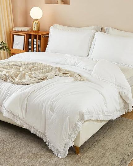 Litanika California King Comforter Set White, 3 Pieces Cal King Boho Tassel Bed Comforter, Oversized Soft Lightweight Bedding Comforter Sets for All Season(1 Comforter 104x96 inch, 2 Pillowcases) - LeafyLoom