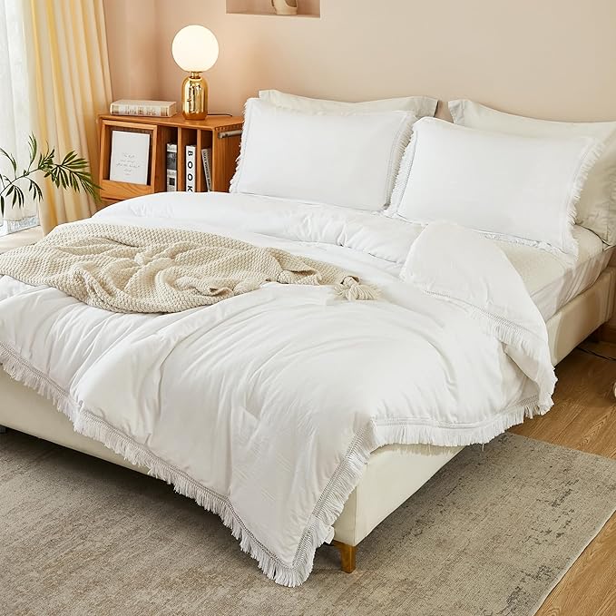Litanika California King Comforter Set White, 3 Pieces Cal King Boho Tassel Bed Comforter, Oversized Soft Lightweight Bedding Comforter Sets for All Season(1 Comforter 104x96 inch, 2 Pillowcases) - LeafyLoom