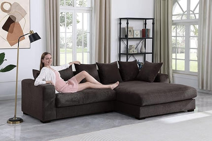 110" Modern L-shaped Sectional Sofa with Big Chaise,Upholstered Sleeper Couch W/ 6 Throw Pillows & Generously Armrests,Easy Assembly,Spacious Loveseat for Living Room Apartment Home,Dark Brown - LeafyLoom