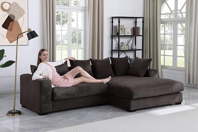 110" Modern L-shaped Sectional Sofa with Big Chaise,Upholstered Sleeper Couch W/ 6 Throw Pillows & Generously Armrests,Easy Assembly,Spacious Loveseat for Living Room Apartment Home,Dark Brown - LeafyLoom
