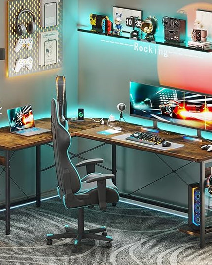 Coleshome 66" L Shaped Gaming Desk with Outlet, L Shaped Desk with CPU Stand, Corner Computer Desk, Home Office Desk, Writing Desk, Vintage - LeafyLoom
