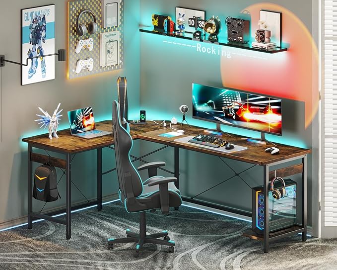 Coleshome 66" L Shaped Gaming Desk with Outlet, L Shaped Desk with CPU Stand, Corner Computer Desk, Home Office Desk, Writing Desk, Vintage - LeafyLoom