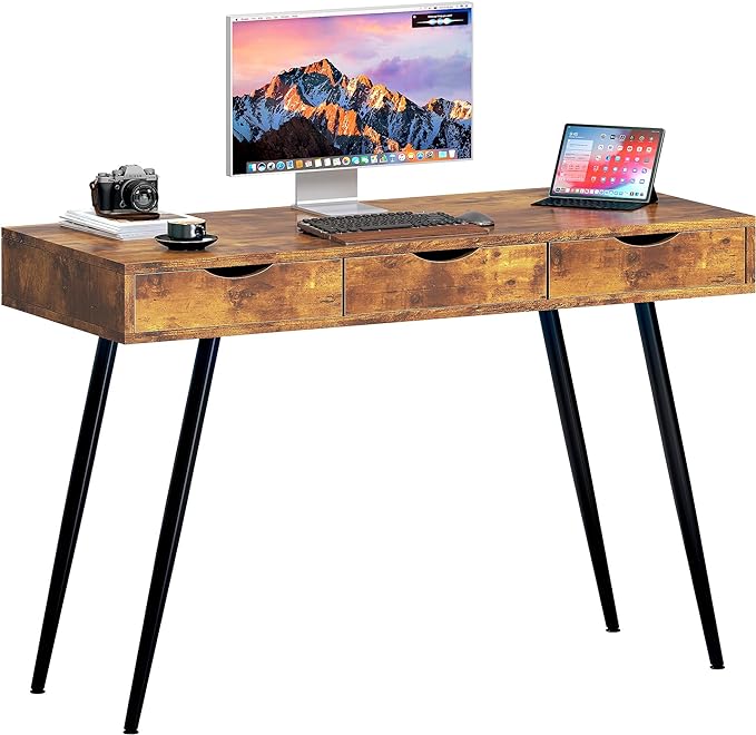 sogesfurniture Mid Century Writing Computer Desk with 3 Drawers, Makeup Vanity Table, 43.3'' Writing Study Desk for Home Office, Dressing Table, Rustic Brown - LeafyLoom