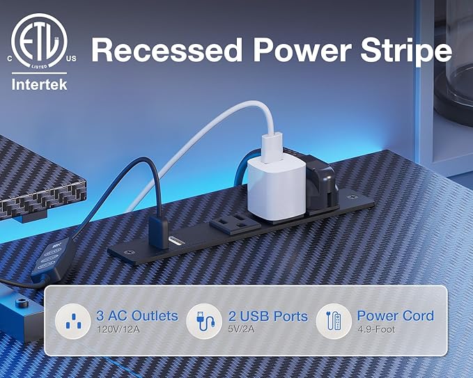 ODK 48 Inch Gaming Desk with USB Charging Ports and LED Lights, Reversible L Shaped Computer Desk with Storage Shelves & Monitor Stand, Corner Gamer Desk Table with Power Outlets, Carbon Fiber Black - LeafyLoom