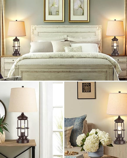 QiMH Table Lamp Set of 2 with USB Ports, Touch Control 3-Way Dimmable Bedside Lamp with 2 LED Night Light, Farmhouse Rustic Nightstand Lamp for Living Room Bedroom Decor (2700K Bulbs Included) - LeafyLoom