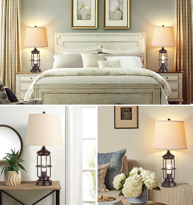 QiMH Table Lamp Set of 2 with USB Ports, Touch Control 3-Way Dimmable Bedside Lamp with 2 LED Night Light, Farmhouse Rustic Nightstand Lamp for Living Room Bedroom Decor (2700K Bulbs Included) - LeafyLoom