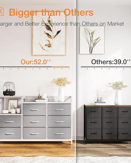 ODK Dresser with Charging Station, 52-Inch Long Dresser TV Stand for Bedroom, Large Dresser with 8 Storage Drawers, Chest of Drawers Easy-Pull Fabric Dressers for Living Room, White and Light Grey - LeafyLoom