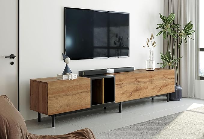 80" Modern Long TV Stand with 3 Doors and Storage Cabinets for Televisions up to 80 Inch, Entertainment Center Console Table, Media Furniture for Living Room, Office, Natural Wood - LeafyLoom