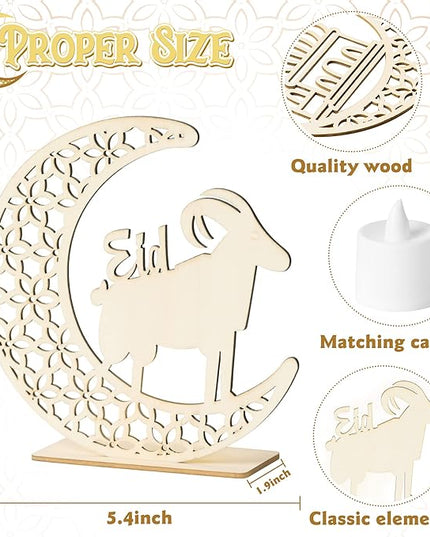 3Pcs Eid al Adha Night Light Decoration Wooden Table Decor, Moon Castle Sheep Wooden Centerpiece with Plastic LED Night Light for Eid al Adha Party Home Indoor Outdoor Bedroom Tabletop Decor - LeafyLoom