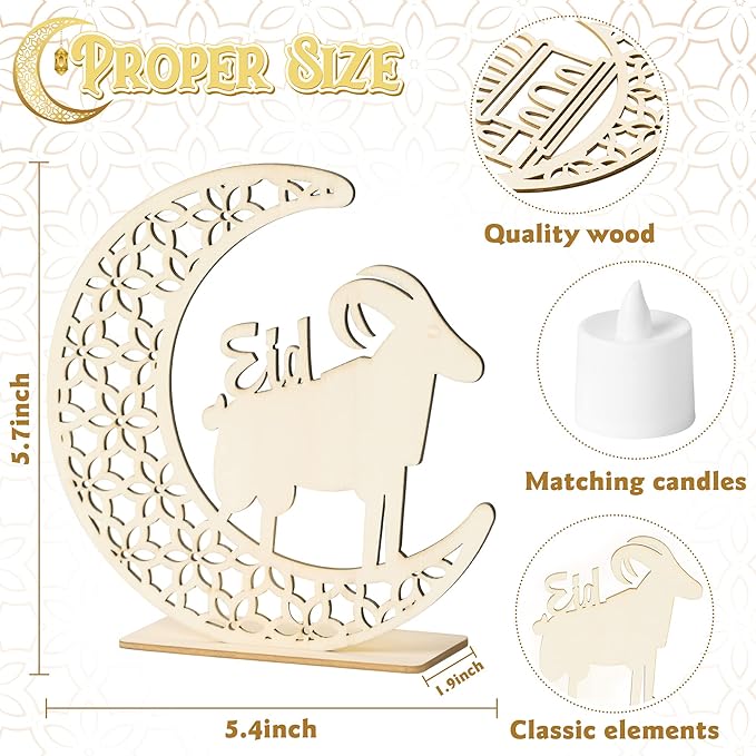 3Pcs Eid al Adha Night Light Decoration Wooden Table Decor, Moon Castle Sheep Wooden Centerpiece with Plastic LED Night Light for Eid al Adha Party Home Indoor Outdoor Bedroom Tabletop Decor - LeafyLoom