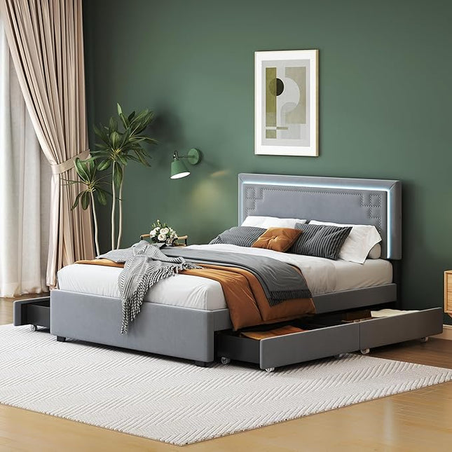 RITSU Queen Size Modern Upholstered Platform Bed with LED Bedframe and 4 Drawers Storable, Rivet-Decorated Headboard, No Box Spring Required, for Living Room, Apartment, Gray - LeafyLoom