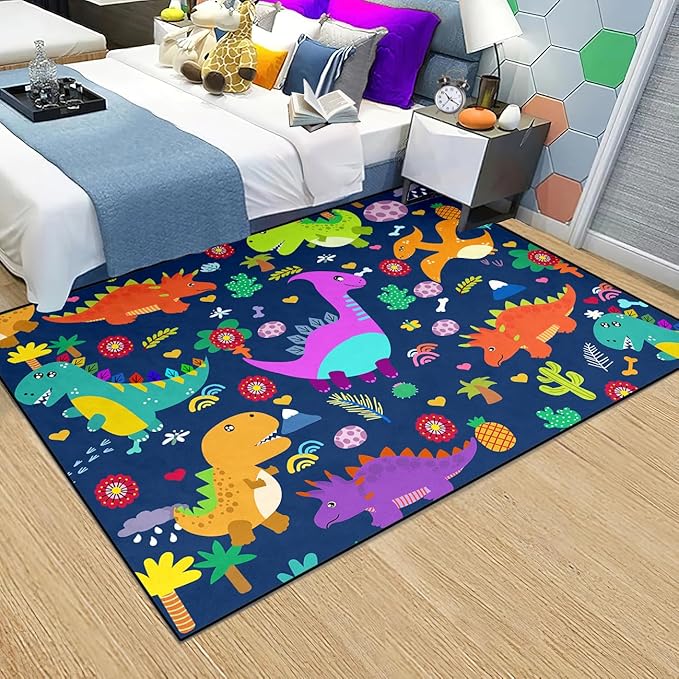 Dinosaur Rugs for Boys Bedroom Dinosaur Play Rug Kids Room Rug Dinosaur Area Rug Cartoon Dinosaur Carpet Cute Dinosaur Mat Dinosaur Rug for Living Room Bedroom Playroom, Blue 4'5''×6' - LeafyLoom