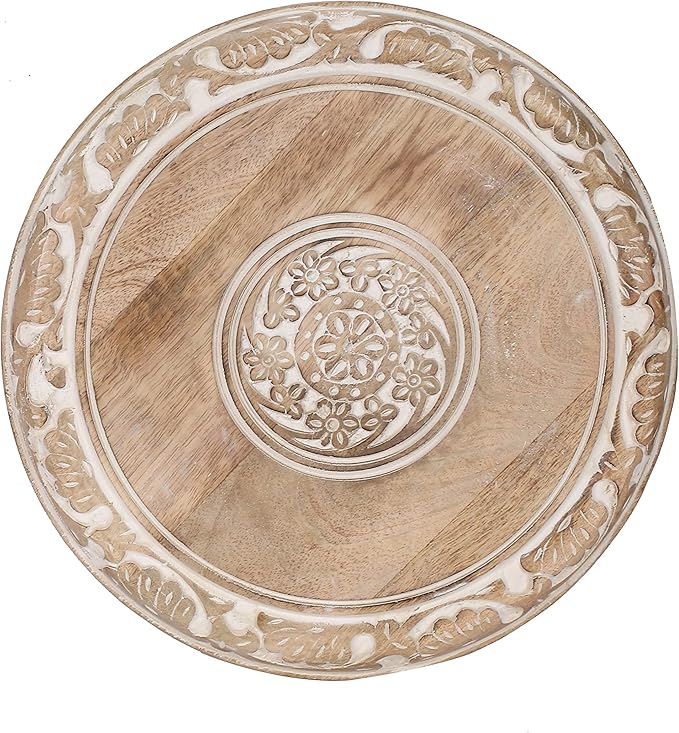 Round Side Table,Small Table, Round End Table,Side Table, Side Tables Living Room, Altar Table, Carved Side Table,Wood Accent Table,Carved Wood Table 12" Round Top x 12" High White Wash - LeafyLoom