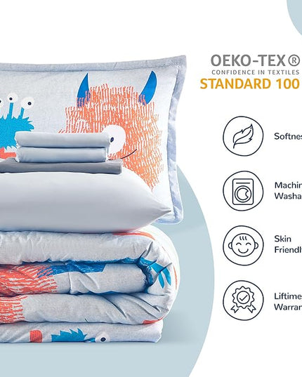 SLEEP ZONE Kids Bedding Comforter Set Full/Queen Size - Super Cute & Soft Kids Bedding 7 Pieces Set with Comforter, Sheet, Pillowcase & Sham (Monster) - LeafyLoom