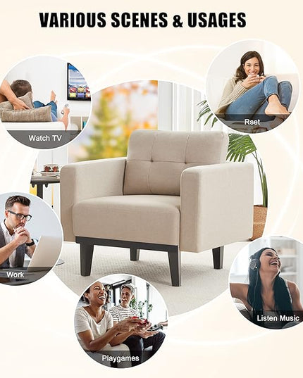Mid-Century Accent Chair,Beige Linen Fabric Armchair for Living Room,Oversized Upholstered Single Sofa Chair for Bedroom Office Study,Comfy Accent Chairs with Wood Legs, Beige - LeafyLoom