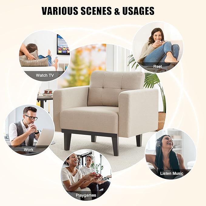 Mid-Century Accent Chair,Beige Linen Fabric Armchair for Living Room,Oversized Upholstered Single Sofa Chair for Bedroom Office Study,Comfy Accent Chairs with Wood Legs, Beige - LeafyLoom