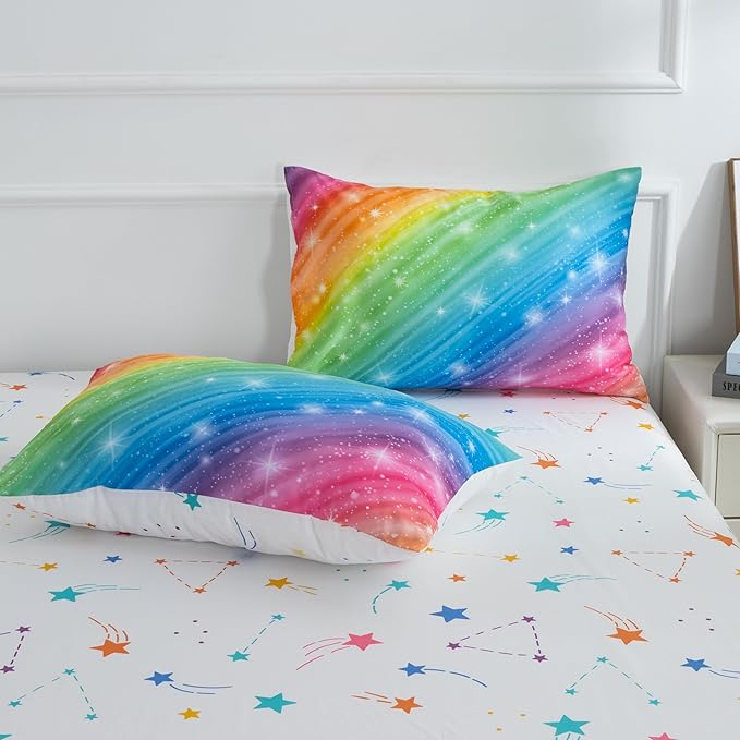 Btargot Super Soft 6 Pieces Gradient Star Ring Comforter Set, Colorful Glitter Rainbow Star Pattern Bedding Set for Boys Girls Teens,Full Multicolor - LeafyLoom