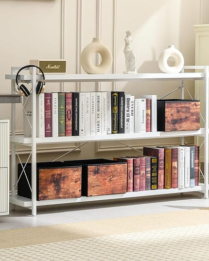 HCHQHS Bookshelf, 3-Tier Long Industrial Bookcase, White Open Book Shelf, Freestanding Horizontal Bookshelves with Metal Frame - LeafyLoom