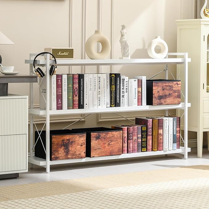 HCHQHS Bookshelf, 3-Tier Long Industrial Bookcase, White Open Book Shelf, Freestanding Horizontal Bookshelves with Metal Frame - LeafyLoom