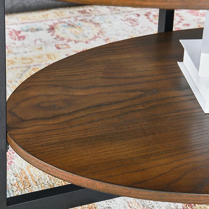 Solid Wood Oval Coffee Table with Cross Metal Legs, 43.3in Modern Industrail Center Table with Open Shelf Cocktail Tea Table for Living Room Bedroom, Rustic Brown 1811NC - LeafyLoom
