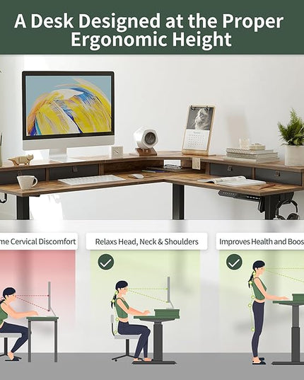 FEZIBO 63" L Shaped Standing Desk with 4 Drawers, Electric Standing Gaming Desk Adjustable Height, Corner Stand up Desk with Splice Board, Black Frame/Rustic Brown Top - LeafyLoom