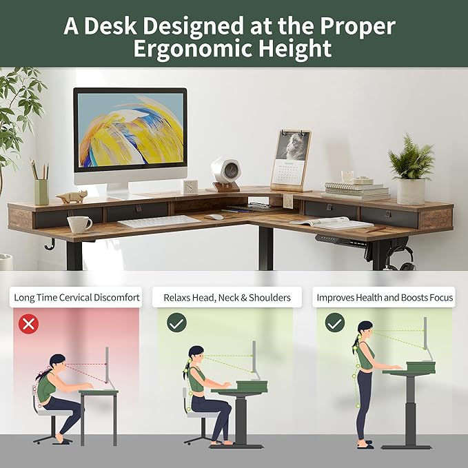 FEZIBO 63" L Shaped Standing Desk with 4 Drawers, Electric Standing Gaming Desk Adjustable Height, Corner Stand up Desk with Splice Board, Black Frame/Rustic Brown Top - LeafyLoom
