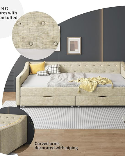 Full Size Upholstered Daybed with 2 Drawers,Wood Sofa Bed Frame W/Button Tufted Backrest and Waved Shape Arms,Slats Support,Linen Fabric Day Bed,for Bedroom,Living Room,Apartment,Beige - LeafyLoom
