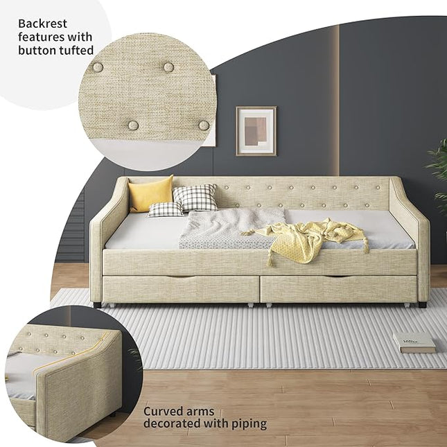 Full Size Upholstered Daybed with 2 Drawers,Wood Sofa Bed Frame W/Button Tufted Backrest and Waved Shape Arms,Slats Support,Linen Fabric Day Bed,for Bedroom,Living Room,Apartment,Beige - LeafyLoom