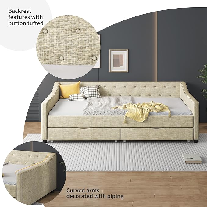 Full Size Upholstered Daybed with 2 Drawers,Wood Sofa Bed Frame W/Button Tufted Backrest and Waved Shape Arms,Slats Support,Linen Fabric Day Bed,for Bedroom,Living Room,Apartment,Beige - LeafyLoom