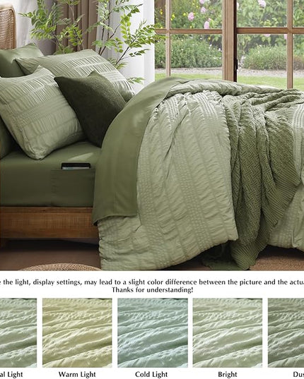 CASAAGUSTO Queen Comforter Set, 7 Pieces Sage Green Seersucker Bed in a Bag Queen Size Soft All Seasons, Bedding Sets with Comforter, Flat Sheet, Fitted Sheet, 2 Pillow Shams, 2 Pillowcases - LeafyLoom