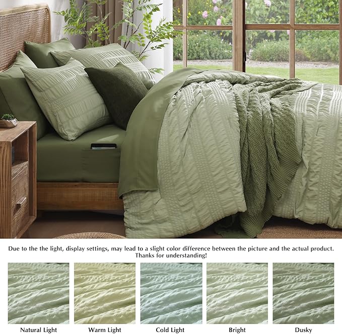 CASAAGUSTO Queen Comforter Set, 7 Pieces Sage Green Seersucker Bed in a Bag Queen Size Soft All Seasons, Bedding Sets with Comforter, Flat Sheet, Fitted Sheet, 2 Pillow Shams, 2 Pillowcases - LeafyLoom