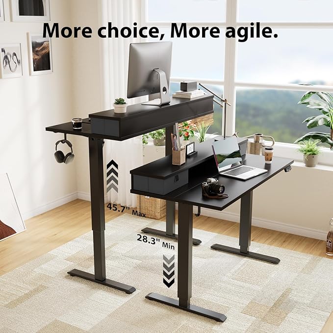 55 x 24 Inches Electric Standing Desk with 2 Storage Drawers, Stand Up Desk Adjustable Height, Sit and Stand Computer Table with Splice Board, Black - LeafyLoom