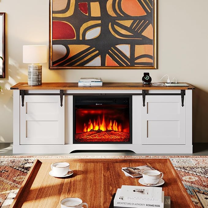 oneinmil Fireplace TV Stand with 18” Electric Fireplace, 58” TV Console Stand for TVs Up to 65", Entertainment Center, Fireplace for The Living Room TV Stand, White - LeafyLoom