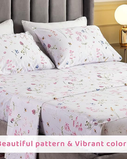 QSH Floral Bed Sheets Set King Size - Shabby Flower Bee Print Bed Sheet Set - Extra Soft and Breathable 100% Egyptian Cotton - 4 pcs King Size Sheets with Deep Pockets Flower Bed Sheets - LeafyLoom