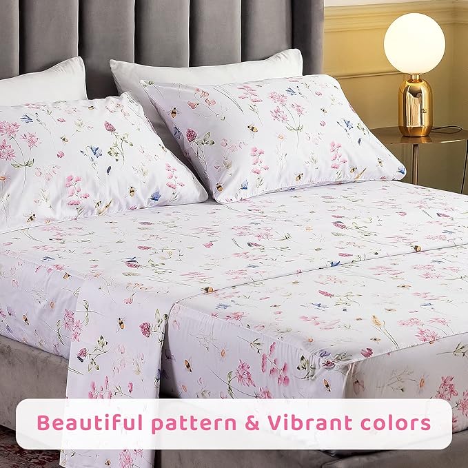QSH Floral Bed Sheets Set Queen Size - Shabby Flower Bee Print Bed Sheet Set - Extra Soft and Breathable 100% Egyptian Cotton - 4 pcs Deep Pockets Flower Bed Sheets Queen Size Sets - LeafyLoom