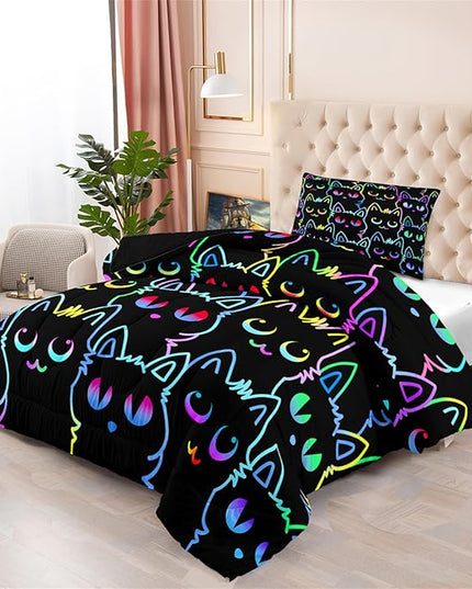 Cat Twin Bedding Set for Girls - Cute Cartoon Cat Comforter Set for Girls Bedroom Ultra Soft Cats Patterns Bedding Set with 1 Cat Quilt and 1 Pillowcase Kids Girls Room Decor, Twin Size - LeafyLoom