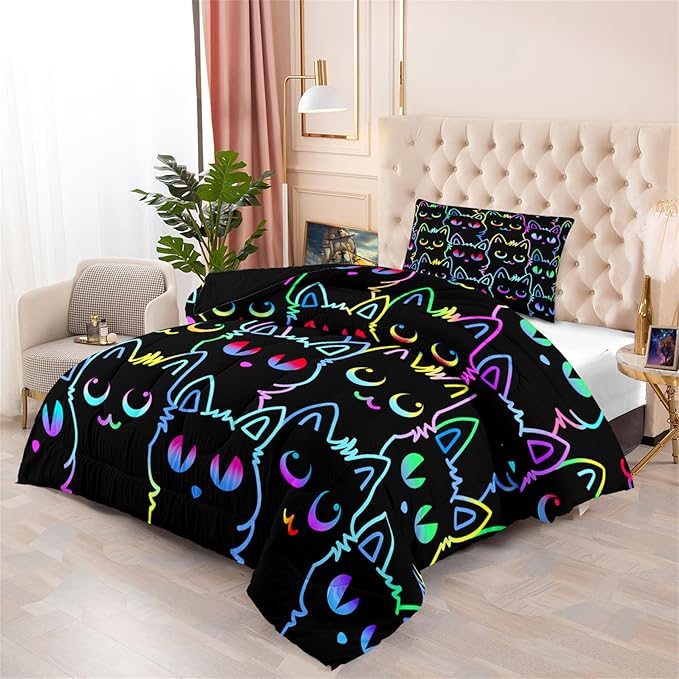 Cat Twin Bedding Set for Girls - Cute Cartoon Cat Comforter Set for Girls Bedroom Ultra Soft Cats Patterns Bedding Set with 1 Cat Quilt and 1 Pillowcase Kids Girls Room Decor, Twin Size - LeafyLoom