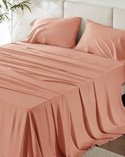 Bedsure King Size Sheet Set, Cooling Sheets King, Rayon Derived from Bamboo, Deep Pocket Up to 16", Breathable & Soft Bed Sheets, Hotel Luxury Silky Bedding Sheets & Pillowcases, Coral - LeafyLoom