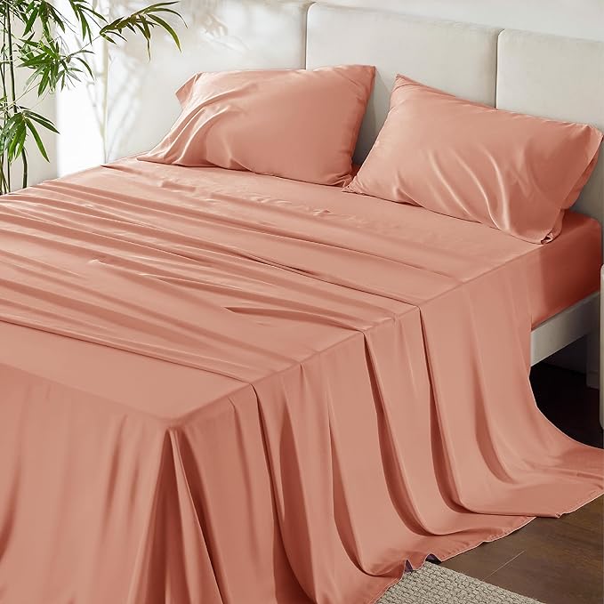 Bedsure King Size Sheet Set, Cooling Sheets King, Rayon Derived from Bamboo, Deep Pocket Up to 16", Breathable & Soft Bed Sheets, Hotel Luxury Silky Bedding Sheets & Pillowcases, Coral - LeafyLoom