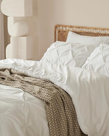 Bedsure King Size Comforter Set - Bedding Set King 7 Pieces, Pintuck Bed in a Bag Ivory Bed Set with Comforter, Sheets, Pillowcases & Shams - LeafyLoom