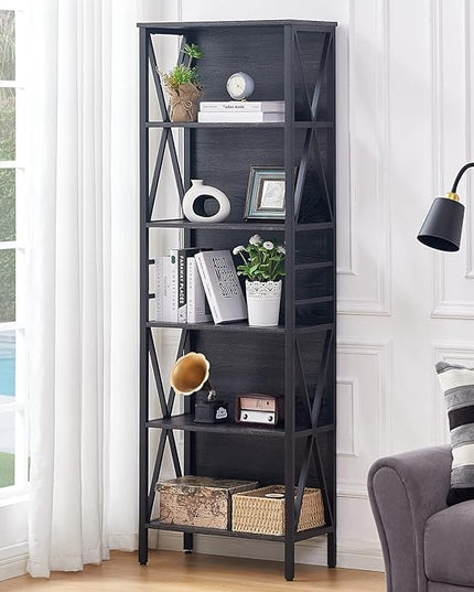 HOMISSUE Bookshelf, 6-Tier Bookshelf, Rustic Wood Metal Bookshelves and Bookcases, Freestanding Open Book Shelf, Industrial Tall Bookcase for Home Office, Living Room and Bedroom, Vintage Grey - LeafyLoom