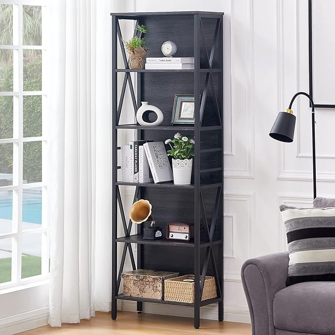 HOMISSUE Bookshelf, 6-Tier Bookshelf, Rustic Wood Metal Bookshelves and Bookcases, Freestanding Open Book Shelf, Industrial Tall Bookcase for Home Office, Living Room and Bedroom, Vintage Grey - LeafyLoom