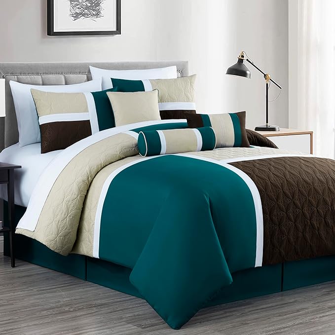 Chezmoi Collection Upland 7-Piece Quilted Patchwork Comforter Set, Teal/Beige/Brown, King - LeafyLoom